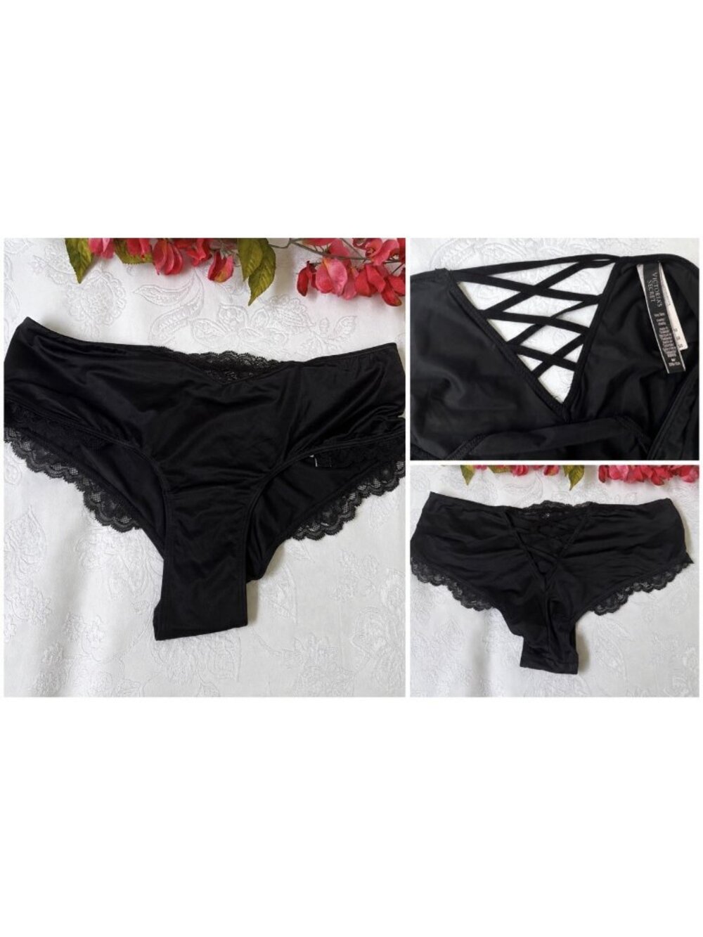 VICTORIA'S SECRET M BLACK VERY SEXY SILKY CROSS STRAP BACK CHEEKY PANTIES NWT